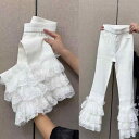 パンツ レディース おしゃれ カジュアル 春 レース 花柄 フリル ハイウエスト 九分丈 微フレア 着痩せ シンプル