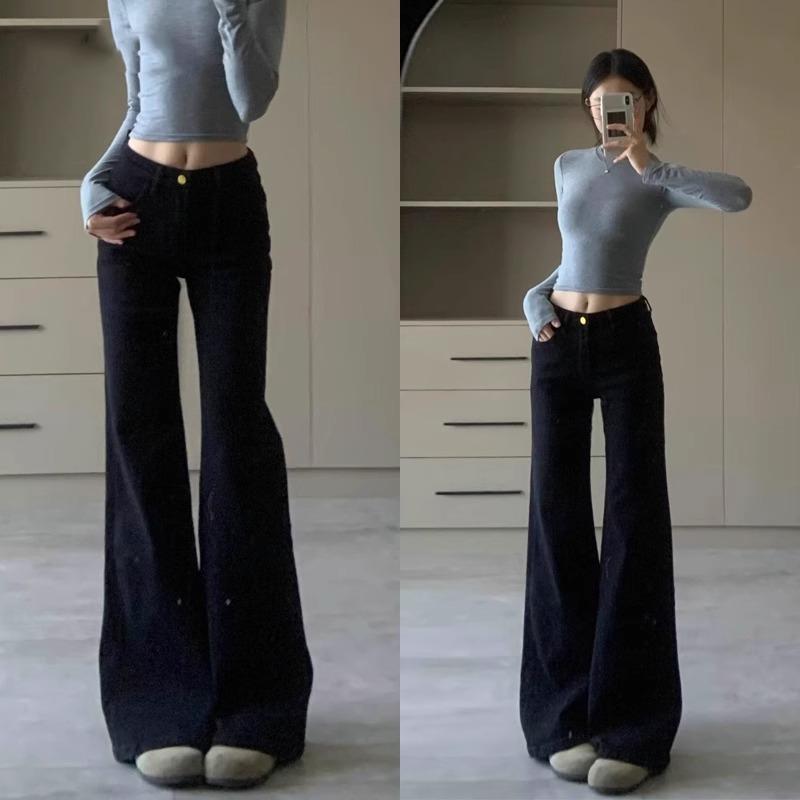 Boot Cut Jeans - パンツ レディース おしゃれ カジュアル 黒 フレア ワイド 微ブーツカット ローライズ 脚長効果 美脚 春 デニム シンプル