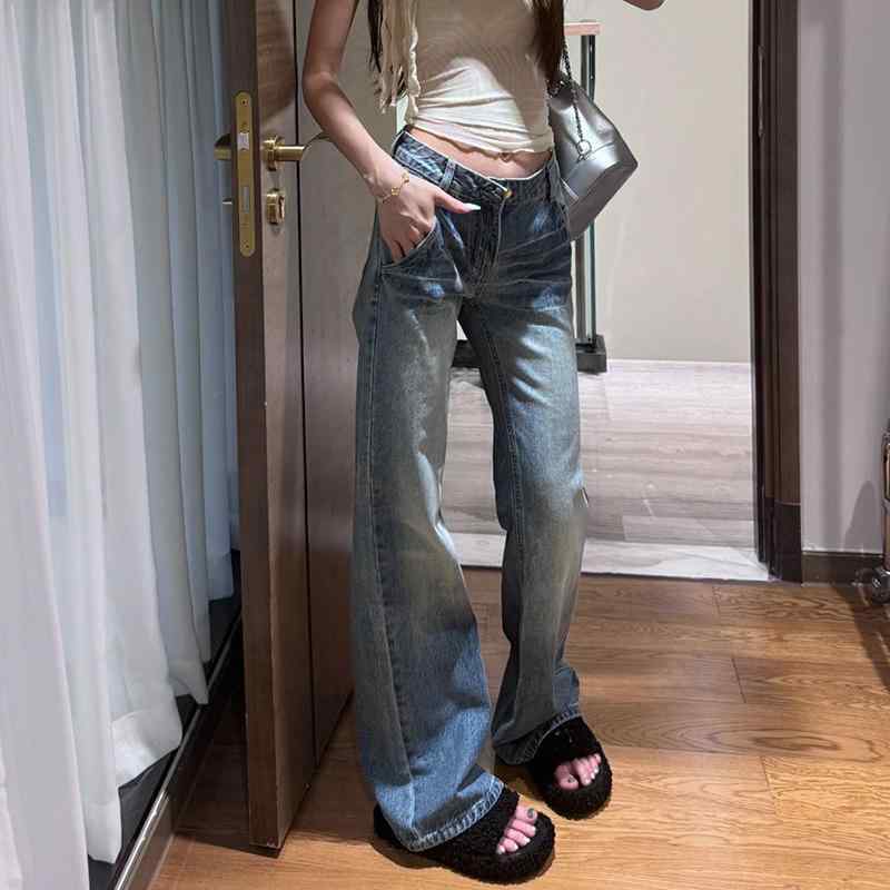デニムパンツ レディース おしゃれ カジュアル 小柄 ヴィンテージ風 フレア ローライズ ワイドパンツ ゆったり 春夏 長ズボン