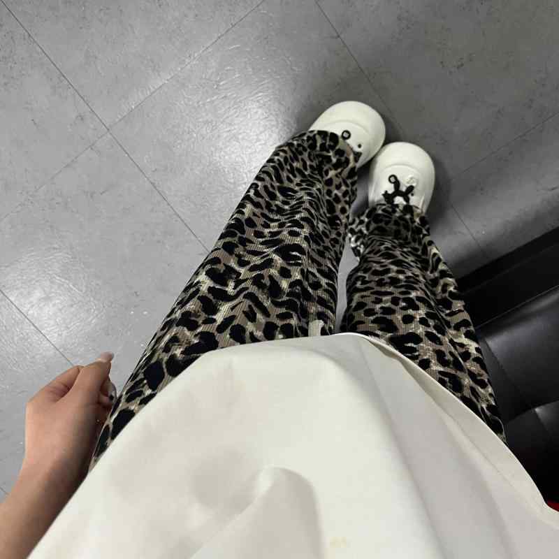 ワイドパンツ レディース おしゃれ カジュアル 豹柄 薄手 ドローストリング ハイウエスト 落ち感 ヴィンテージ風 ストレート 休憩 涼しい