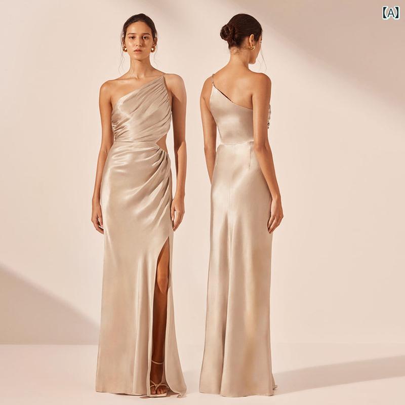 ブライズメイド ドレス レディース お揃い シャンパン 長袖 ロング丈 サテン アップ 上品 絶美 フォーマル 結婚式 二次会 パーティー