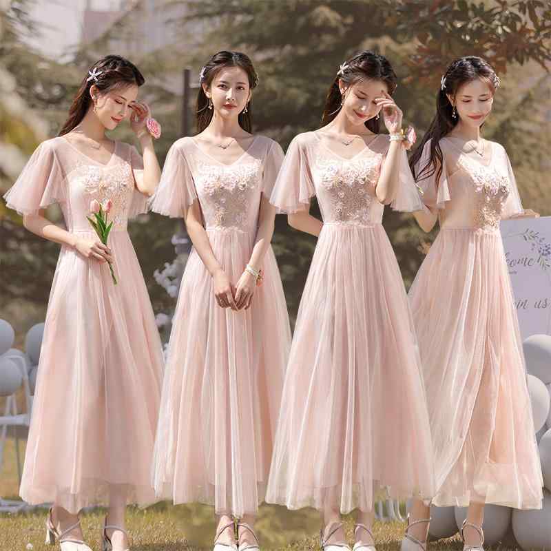 Nightwear - ブライズメイド ドレス ワンピース レディース お揃い ロング丈 半袖 フレア 薄手 夏 結婚式 お呼ばれ パーティー 花柄 シンプル 上品 エレガント 披露宴 二次会 フォーマル