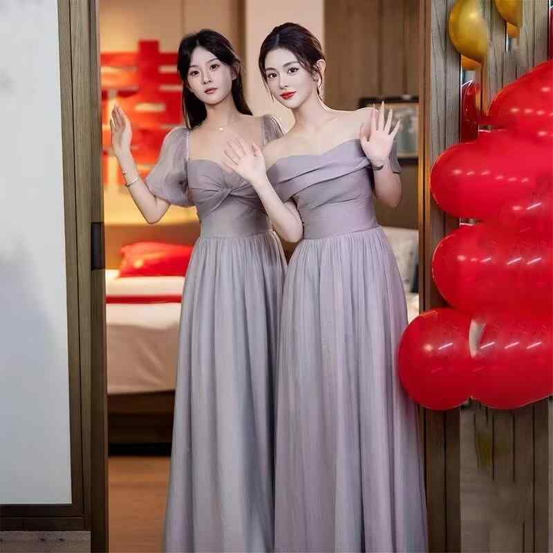 ブライズメイド ドレス レディース お揃い パープル オフショルダー 夏 結婚式 二次会 お呼ばれ 小柄 エレガント 姉妹体 フレアスカート