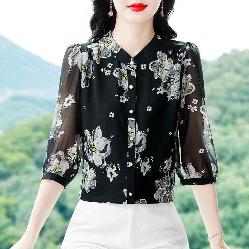 シャツ レディース おしゃれ エレガント 大人 スタンドカラー シフォン 春 黒 花柄 長袖 薄手 上品 透け感 夏 大人 きれいめ