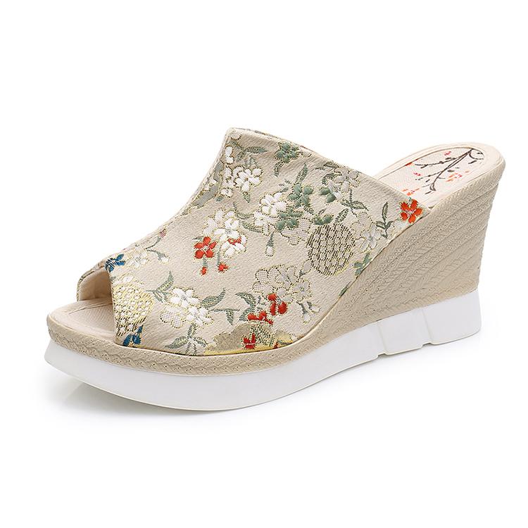 ウェッジソール サンダル 夏 ハイヒール エスニック 布 靴 チャイナ風 刺繍 花柄 レトロ オープントゥ 厚底 歩きやすい