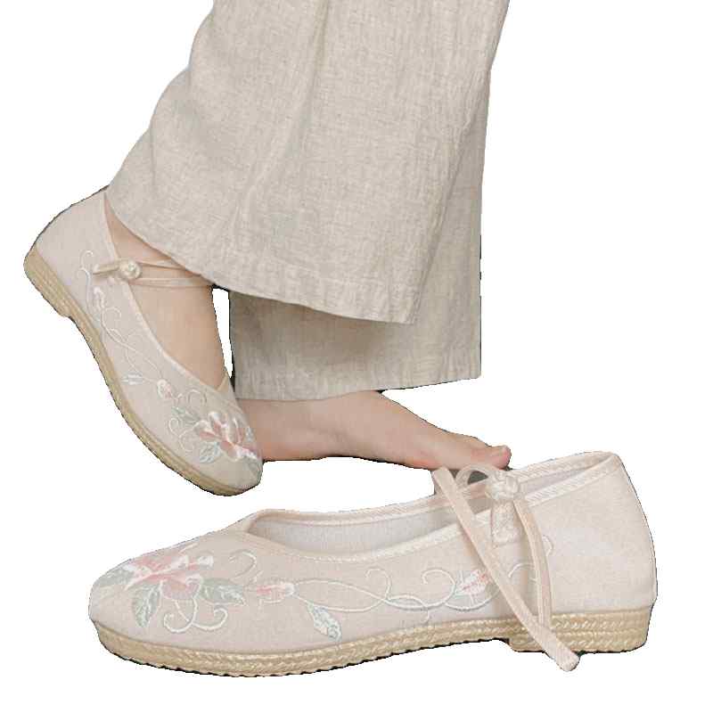 布シューズ レディース おしゃれ 歩きやすい ラウンドトゥ 花刺繍 ベージュ 上品 中国風 漢服 合わせや..
