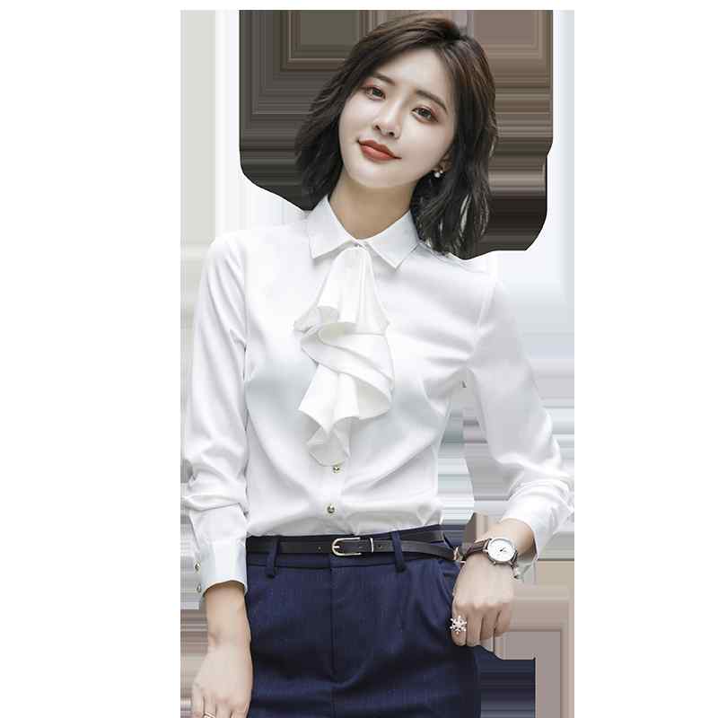 シャツ レディース おしゃれ エレガント 大人 秋冬 白 長袖 フリル ネクタイ風 サテン 厚手 暖かい 会社 オフィス カジュアル