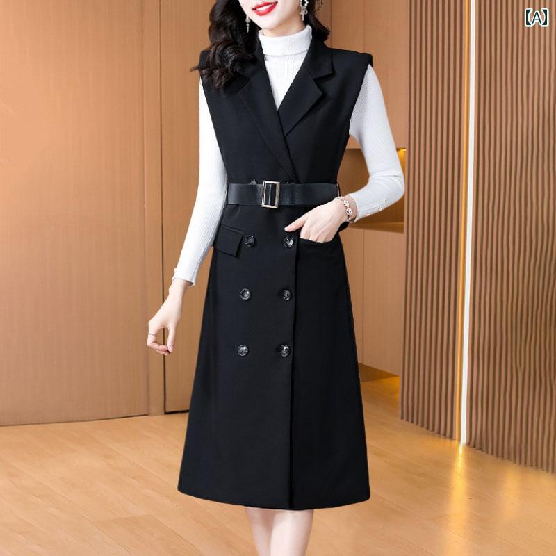 ワンピース レディース おしゃれ 秋冬 通勤 スーツベスト ノースリーブ ベルト スリム 大人 上品