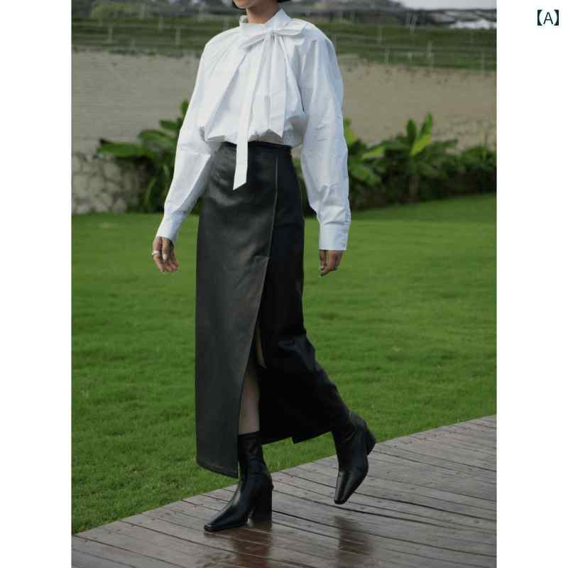 スカート レディース おしゃれ カジュアル 黒 フェイクレザー ミディ丈 ハイウエスト ストレート スリット 秋 ヴィンテージ風 タイト 着痩せ