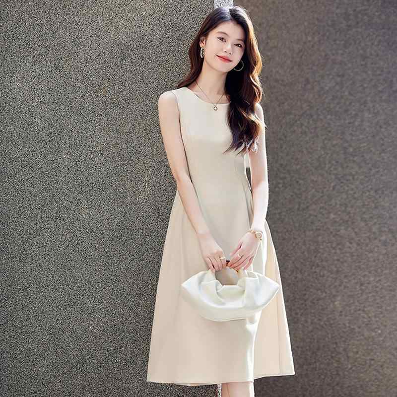 ワンピース レディース おしゃれ ノースリーブ 杏色 夏 Aライン ミディ丈 上品 きれいめ 背面ファスナ..