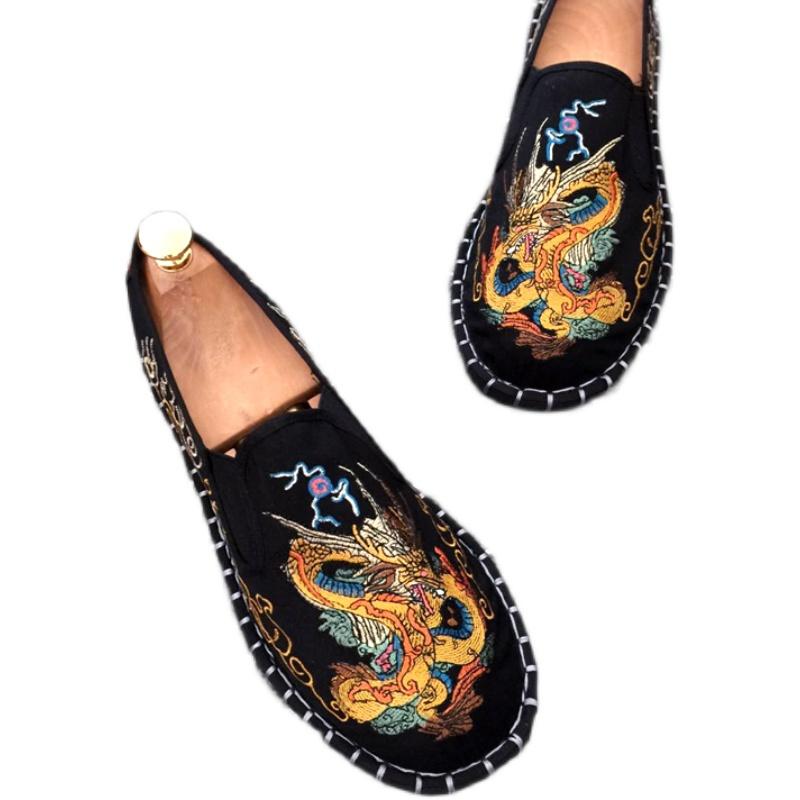 スリッポン メンズ おしゃれ カジュアル 歩きやすい 刺繍 布 靴 通気性 ドラゴン 柄 個性的 中国風