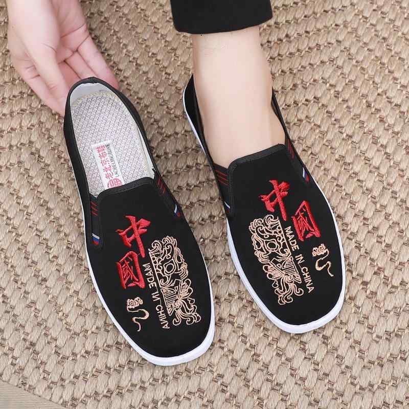 スリッポン メンズ おしゃれ カジュアル 歩きやすい 春秋 中国風 刺繍 黒 シンプル 平底