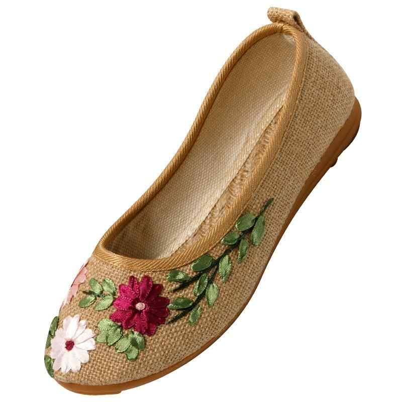 フラットシューズ レディース おしゃれ 歩きやすい 刺繍 花柄 リネン 民族風 中国風 和風 ハンドメイド..