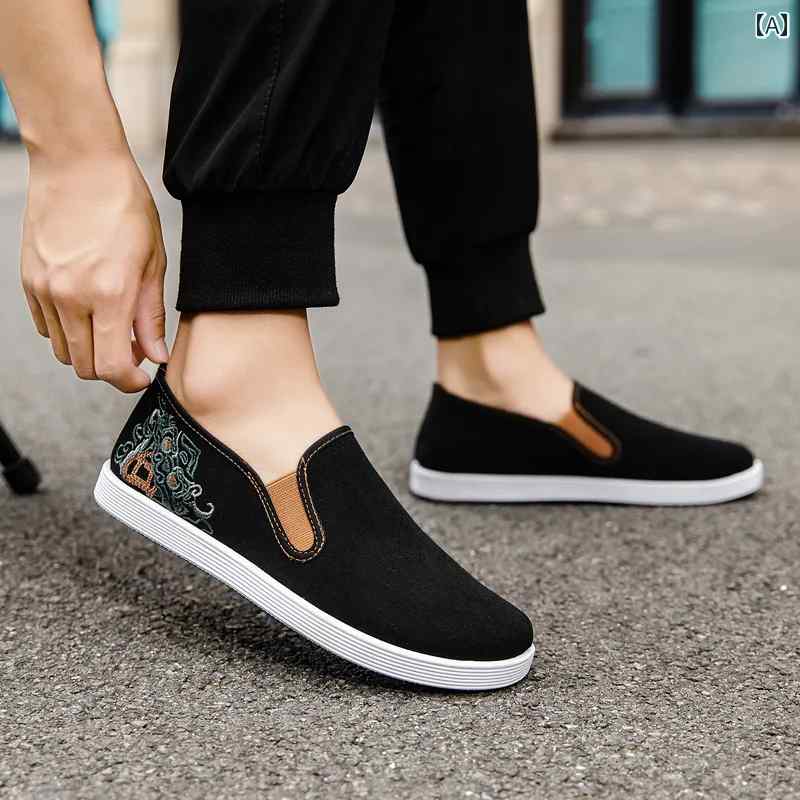 スリッポン メンズ おしゃれ カジュアル 歩きやすい 刺繍 黒 通気性 軽量 滑り止め 耐摩耗 仕事 靴 ソフトソール