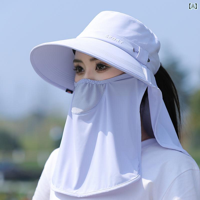 農作業 帽子 日除け レディース 春夏 フェイスカバー 首ガード つば広 あご紐 ひんやり 涼しい 通気 ポニーテール 日焼け防止 サイクリング アウトドア シンプル 青 ピンク アイボリー