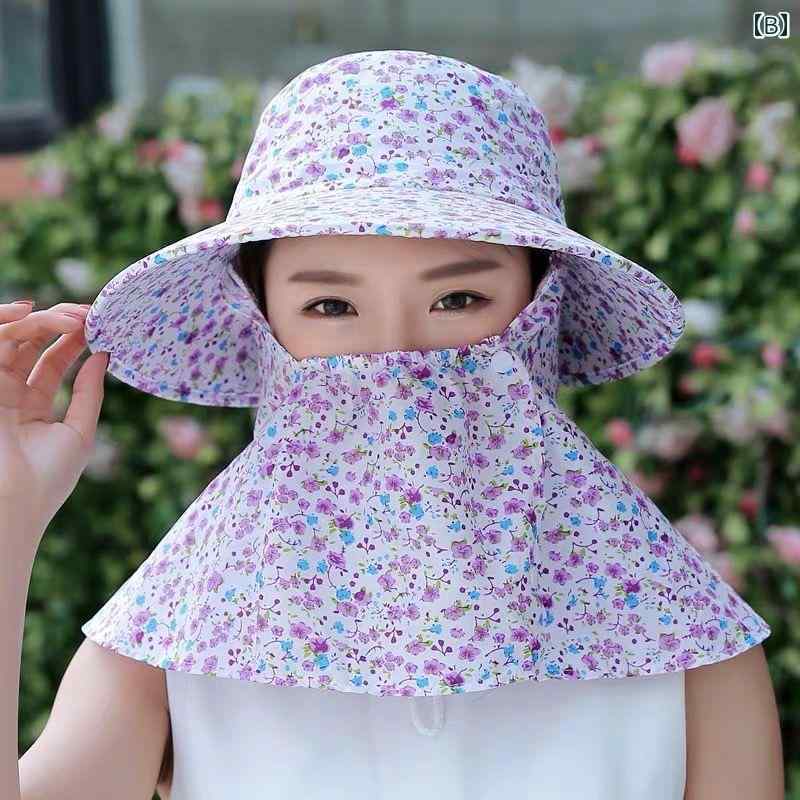農作業 帽子 日除け レディース 春夏 綿 フェイスカバー 首ガード つば広 あご紐 ...