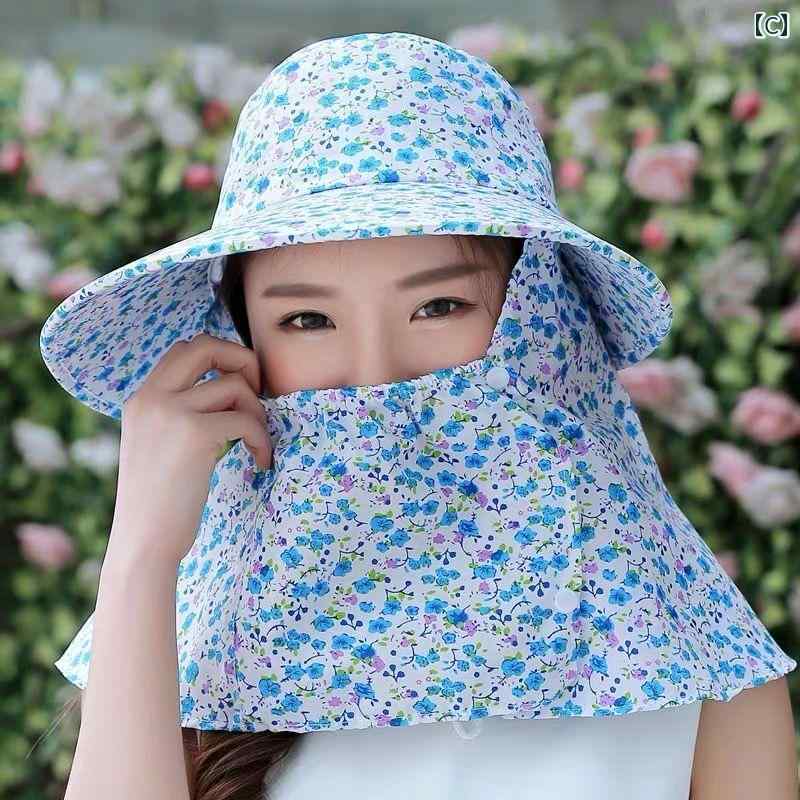 農作業 帽子 日除け レディース 春夏 綿 フェイスカバー 首ガード つば広 あご紐 ...