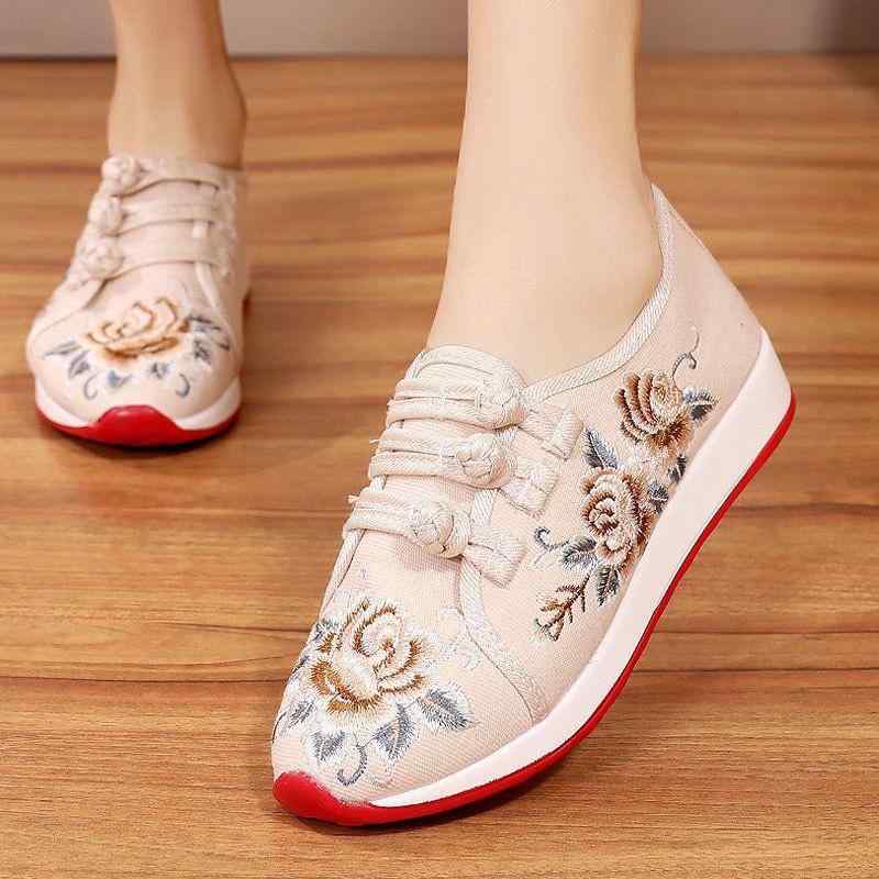 フラットシューズ レディース おしゃれ 歩きやすい 刺繍 花柄 春 軽量 通気性 赤 ローヒール 中国風 伝..