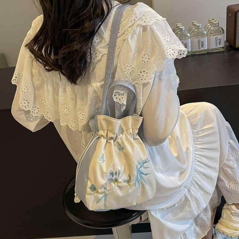 ショルダーバッグ レディース かわいい ガーリー 大人 刺繍 小さめ チャイナ風 レトロ キャンバス 手持ち 漢服 財布 クロス ボディ ハンド PU 緑 青 ピンク 巾着