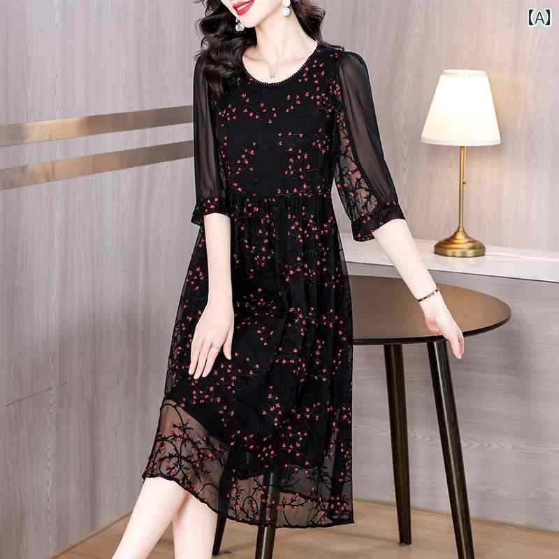 ワンピース レディース 夏 ゆったり 体型カバー 上品 華やか 大人 エレガント ミセス フレアシルエット 5分袖 涼しい 洋風