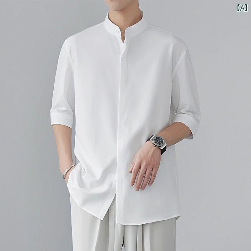 シャツ メンズ おしゃれ 大人 スタンドカラー 七分袖 白 無地 夏 涼しい 快適 シンプル 落ち感 中国風