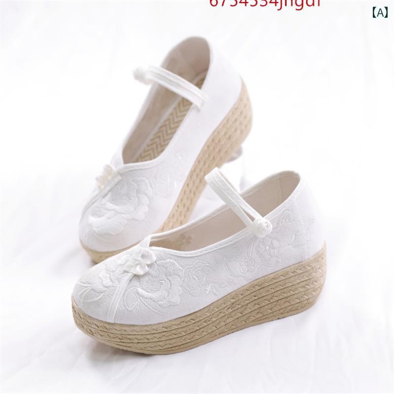 厚底 レディース おしゃれ 布靴 春秋 民族風 刺繍 花柄 通気性性 中国風 漢服 チャイナドレス 茶服