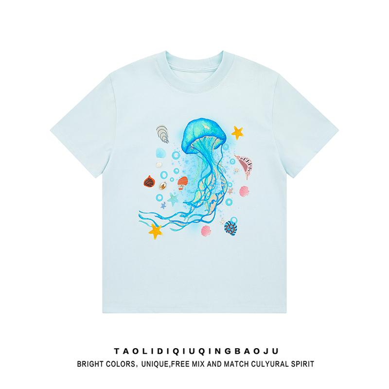 Other - Tシャツ おしゃれ カジュアル レディース メンズ 夏 5分袖 ゆったり クラゲ柄 貝殻柄 プリント ヴィンテージ風 ペアルック
