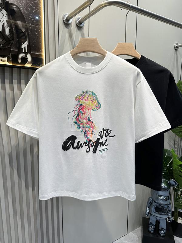Print - Tシャツ おしゃれ カジュアル メンズ 半袖 ゆったり 夏 ジェリーフィッシュ プリント アメリカン カップル