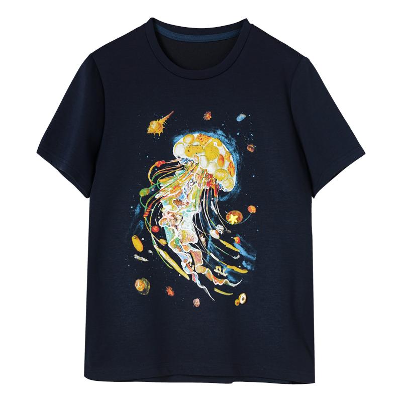 Tシャツ おしゃれ カジュアル レディース 夏 クラゲ プリント ラウンドネック 半袖 ゆったり 大きいサイズ