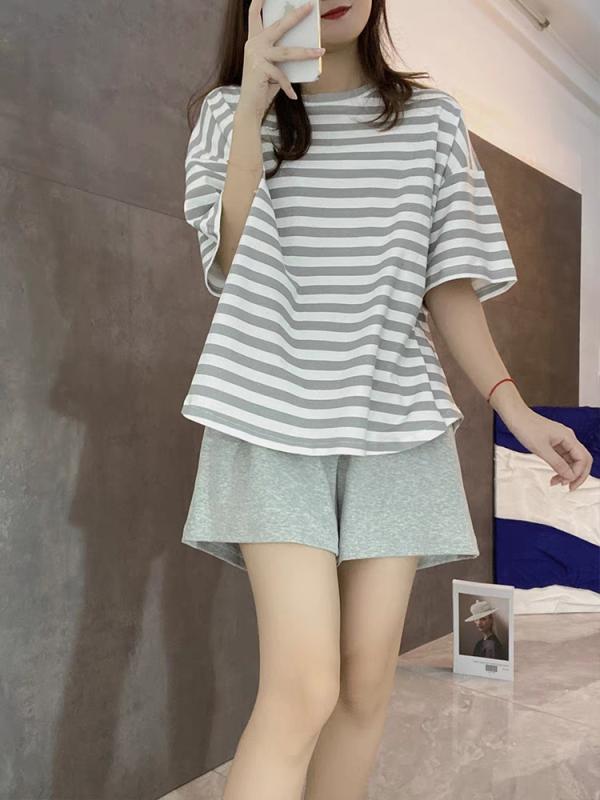 セットアップ パジャマ レディース おしゃれ 綿 夏 薄手 半袖 ボーダー 柄 胸パッド ルームウェア 部屋..