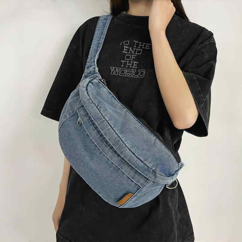 ウエストバッグ ユニセックス デニム 大容量 ヴィンテージ風 カジュアル 斜め掛け チェスト 収納 多機能