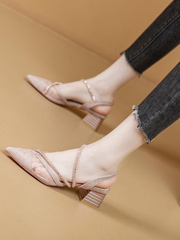 ポインテッドトゥ ミュール レディース エレガント おしゃれ 夏 メッシュ 太ヒール ラインストーン 光沢 お呼ばれ パーティー フレンチ 韓国 ゴールド シルバー