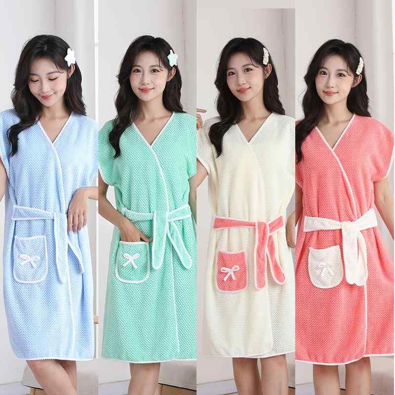 バスローブ レディース おしゃれ 快適 吸水 柔らかい 厚手 洗濯簡単 大人 着る 巻きタオル ポケット 肌触り リボン シンプル お風呂 上がり 速乾 洗面所 バス用品
