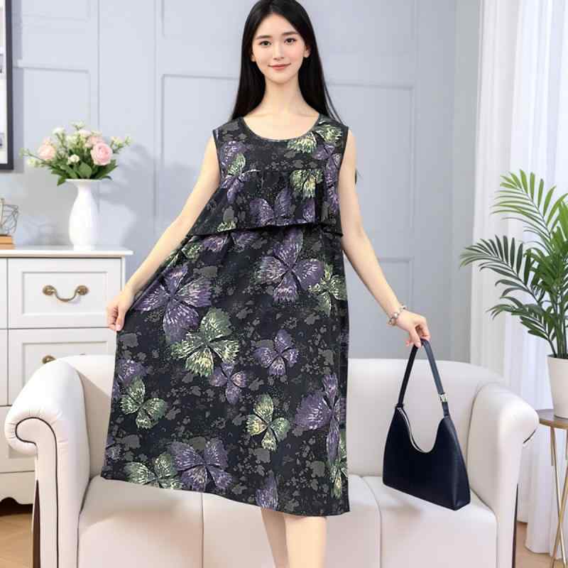 ワンピース レディース おしゃれ 快適 ノースリーブ 綿 薄手 夏 大きいサイズ リボン柄 ルームウェア 透けにくいけ