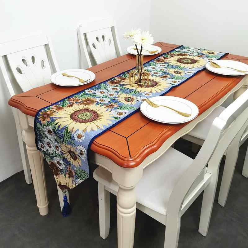 テーブルランナー おしゃれ ランチョンマット リネン タッセル インテリア ダイニング ホテル 装飾 パーティー アメリカン カントリー 地中海風 青 ひまわり
