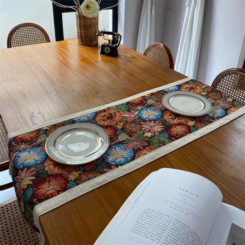 テーブルランナー おしゃれ ランチョンマット フリンジ ロング インテリア ダイニング 装飾 パーティー ボヘミアン レトロ アメリカン カントリー 油絵風 花柄 チューリップ タンポポ