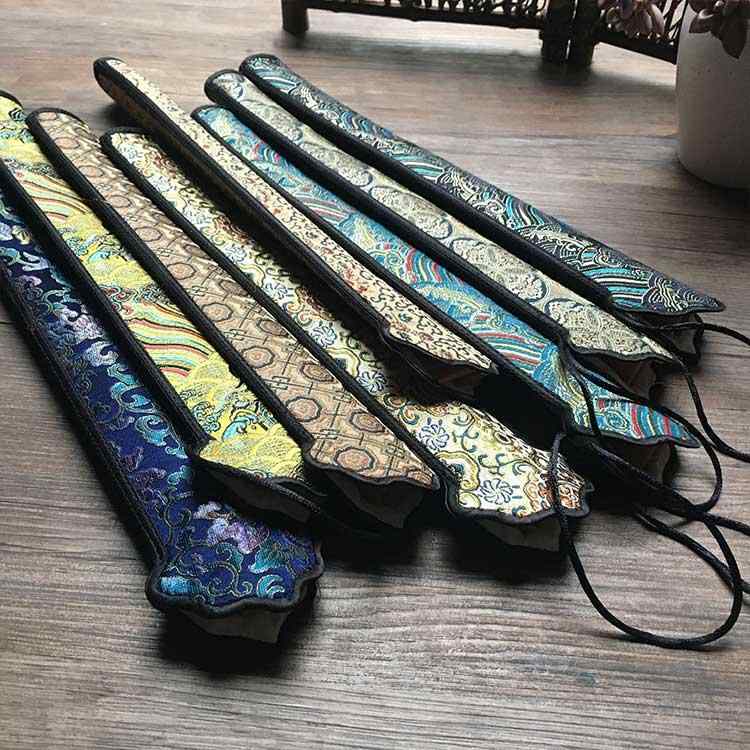 扇子袋 女性 男性 布 柔らかい チャイナ風 刺繍 収納 漢服 持ち運び 保護 カバー お祝い フープ ストラップ 花柄 波 ドラゴン 青 黄色 ピンク 旅行