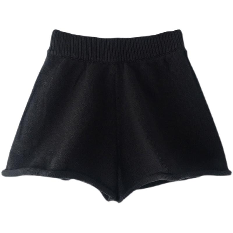 ショートパンツ レディース おしゃれ カジュアル 春秋 無地 ニット ハイウエスト ゆったり 折り返し ワイド 通勤 シンプル(4.0)