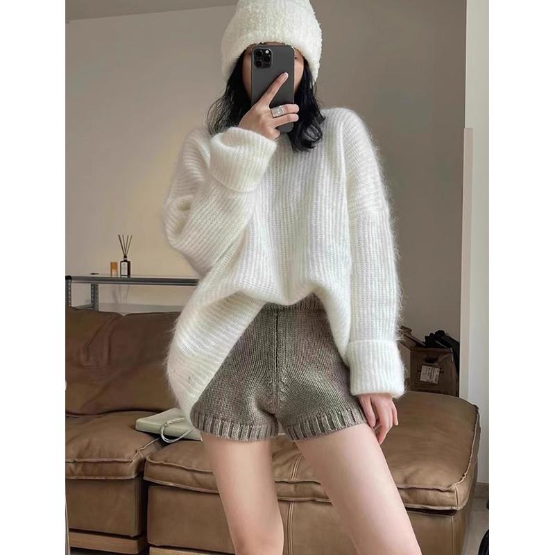 Nylon, Rayon, Polyester - ショートパンツ レディース おしゃれ カジュアル グレー ニット 春秋冬 小柄 細見え ハイウエスト ウール ビッグシルエット