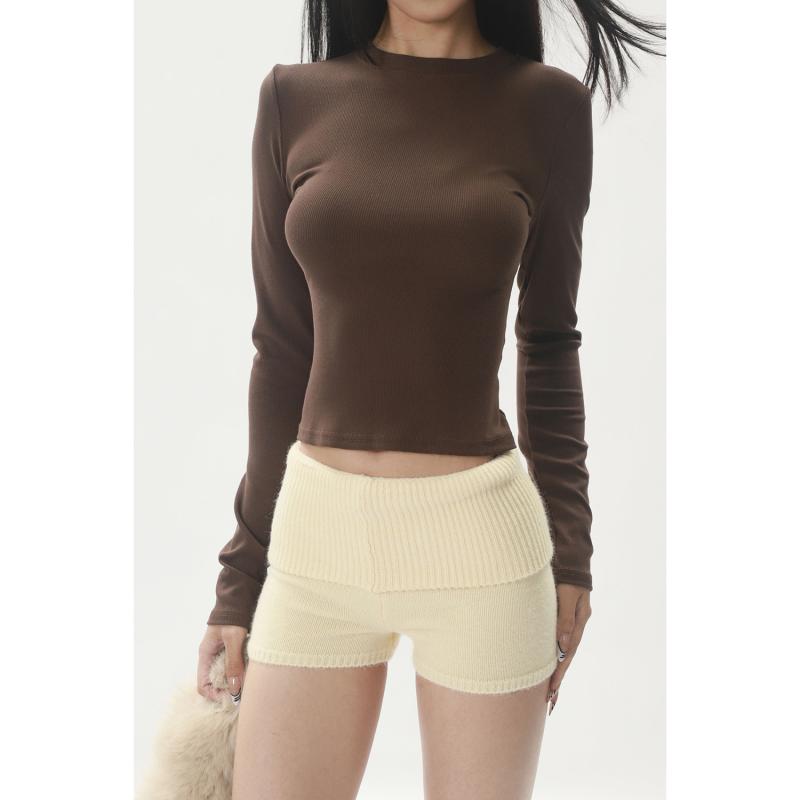 Cotton - ニット ショートパンツ レディース おしゃれ カジュアル 無地 秋冬 ダブルウエスト リブ ベーシック 快適