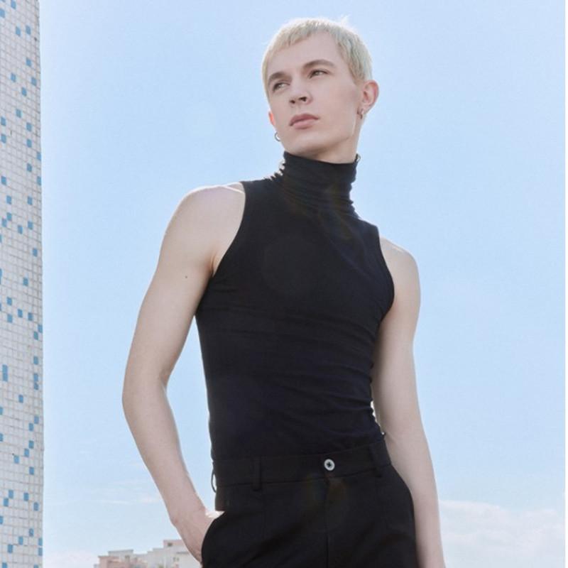 タンクトップ メンズ おしゃれ ブラック ノースリーブ モックネック ハイネック 無地 スリムフィット ..