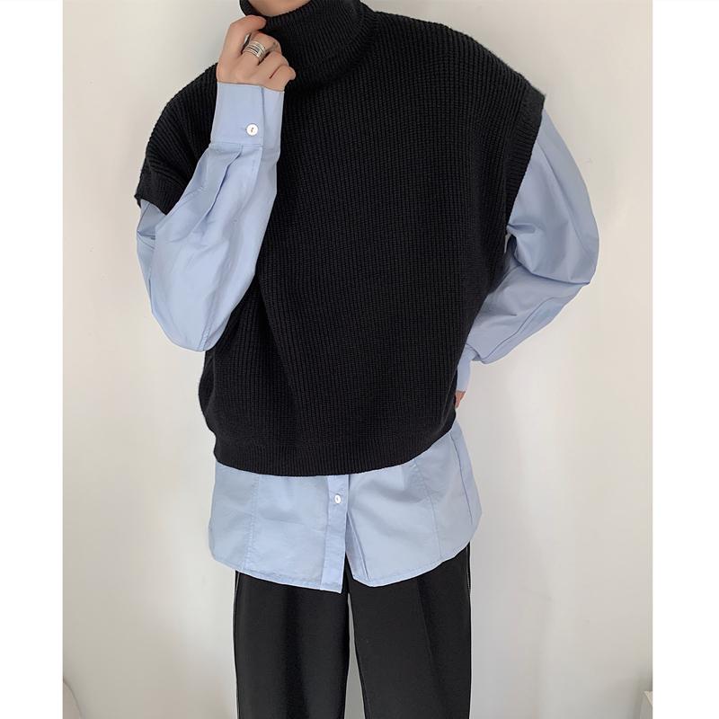 ニットベスト メンズ おしゃれ 韓国 秋冬 シンプル 無地 タートルネック レイヤード ショート