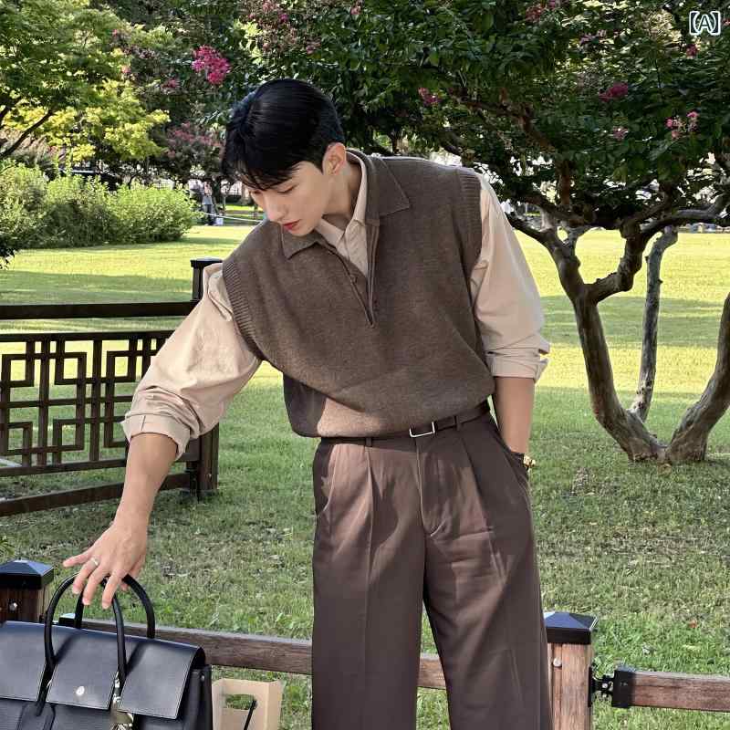 ベスト メンズ おしゃれ 春秋 ポロカラー ニット ベスト 無地 韓国 軽やか 大人カジュアル