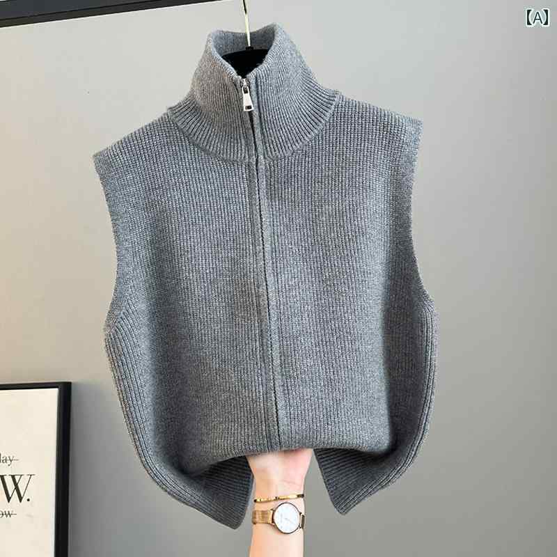 ベスト レディース おしゃれ グレー ニット ハイネック ジップアップ ゆったり シンプル 体型カバー 春秋冬 重ね着