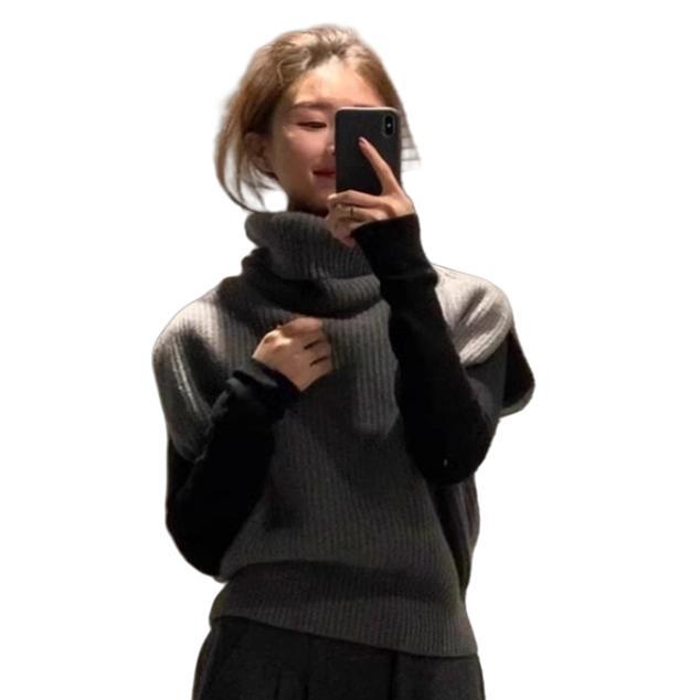 ニットベスト レディース おしゃれ 秋冬 ブラック ハイネック タートルネック リブ ノースリーブ ゆったり ショート丈 重ね着