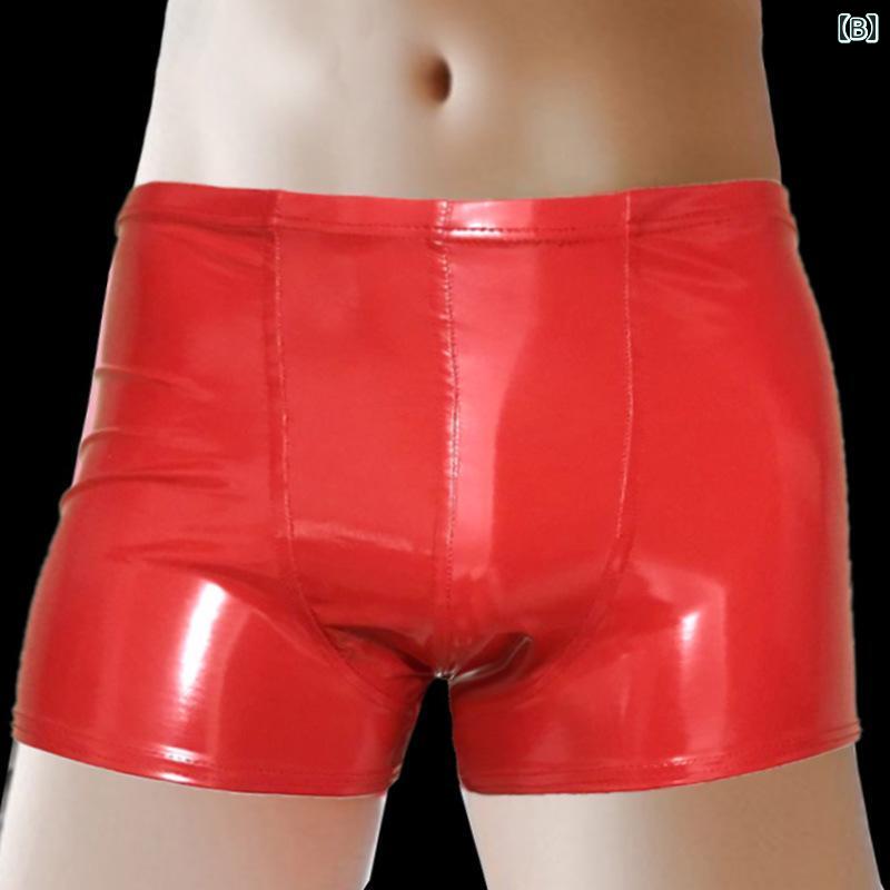 メンズ ボクサーパンツ セクシー 光沢 PU 透け防止 ヒップアップ 黒 赤 銀
