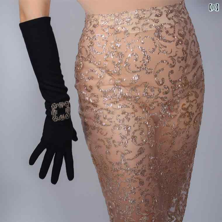 手袋 レディース おしゃれ 黒 ロング ウール 50cm 伸縮性 エレガント スクエアバックル きらきら 装飾 タッチパネル