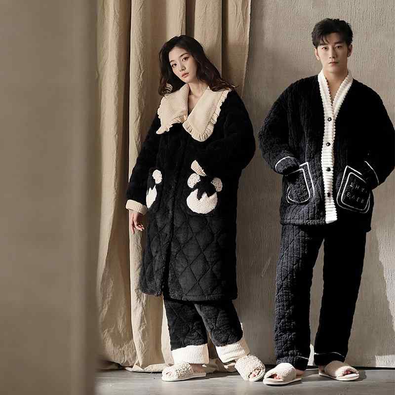 パジャマ レディース メンズ おしゃれ 快適 珊瑚フリース 三層 厚手 キルティング ミディアム丈 レトロ テーラードカラー ルームウェア カップル