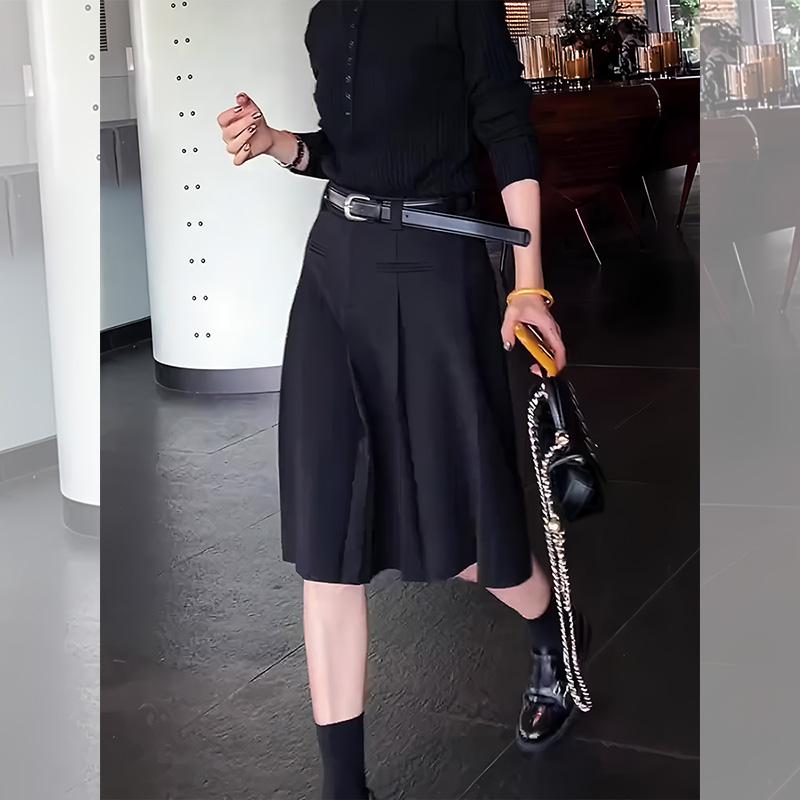 黒 Aライン ミディ セミフレア スカート レディース おしゃれ きれいめ 春 ハイウエスト フォーマル シンプル 圧着プリーツ 大人 上品 着回し