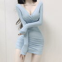 キャバ ワンピース レディース おしゃれ 韓国 セクシー Vネック タイト 長袖 スリム フィット ショート丈 ギャザー 春秋 体型カバー